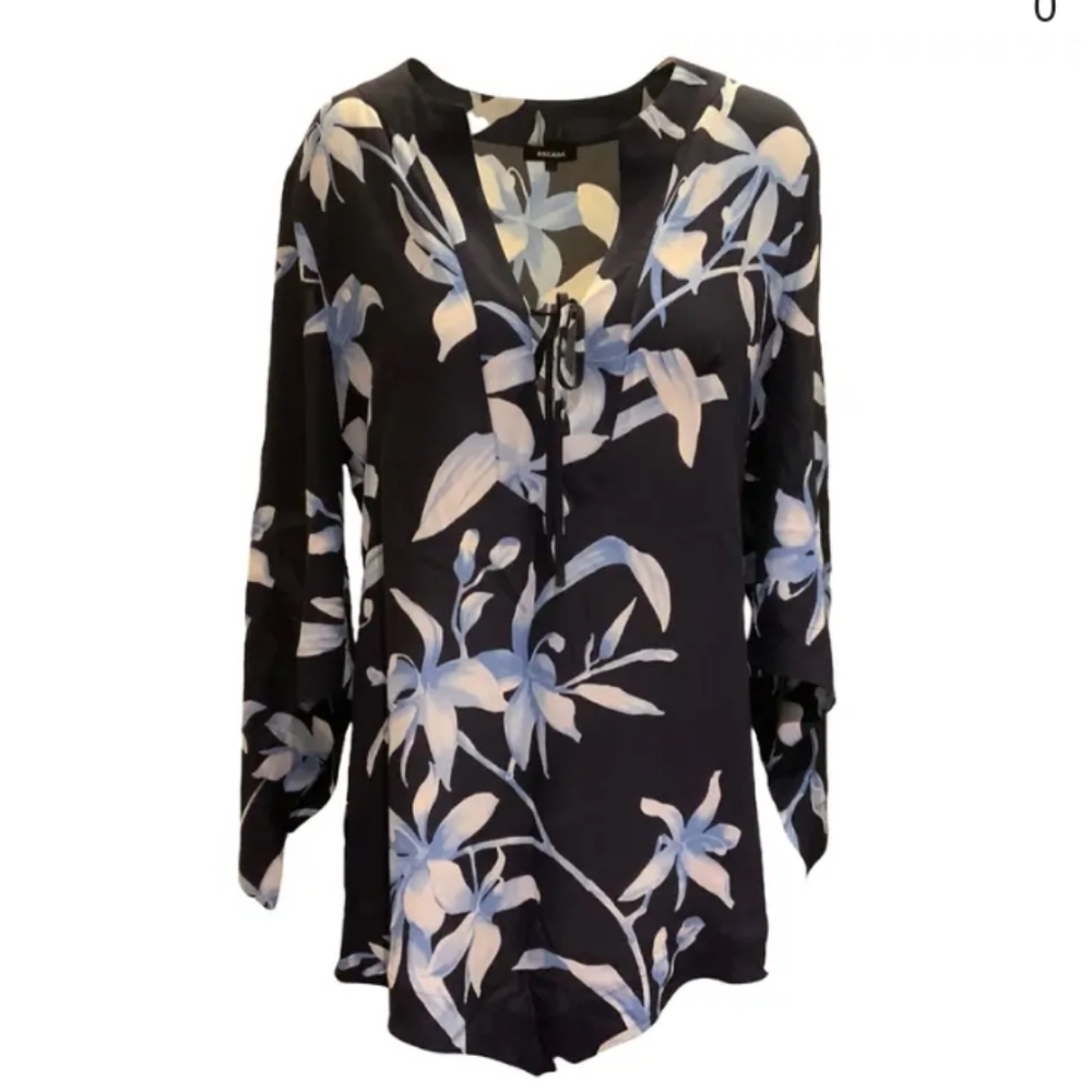 Escada 100% silk v-neck tie front floral tunic EU 42 - Picture 1 of 10